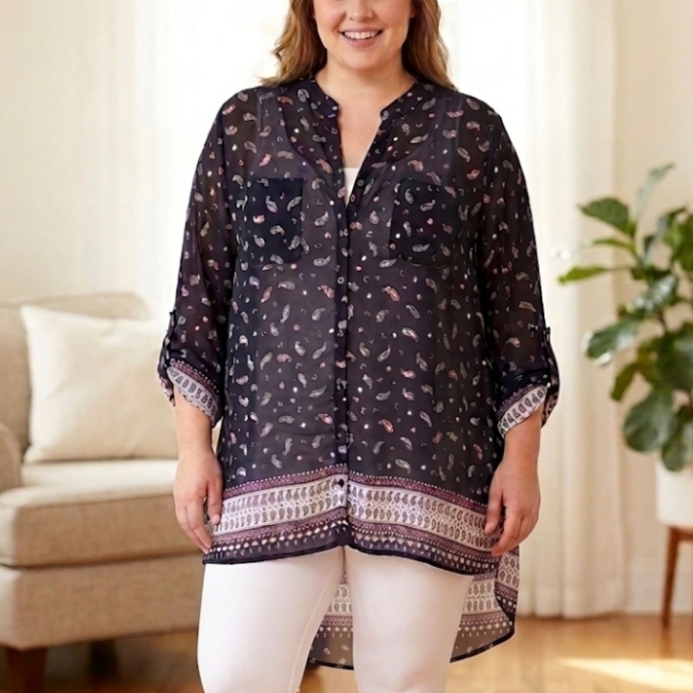 Hi-Low Sheer Blouse Women's 3XL Navy with Paisley Accents Pull Over Dressy Plus